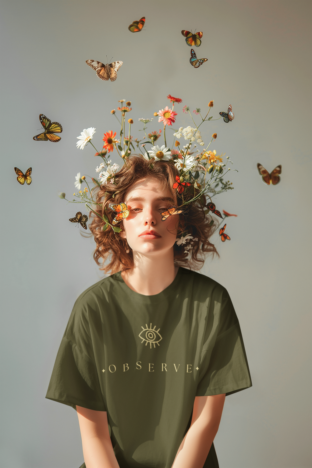 Observe Eye Graphic Mandala Print Oversized T-Shirt by Spira – Garment-Dyed, green, front view