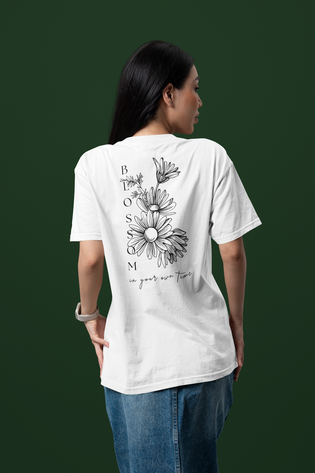 Blossom In Your Own Time Floral Graphic Oversized High Neck T-Shirt by Spira – Organic Cotton, white, back view
