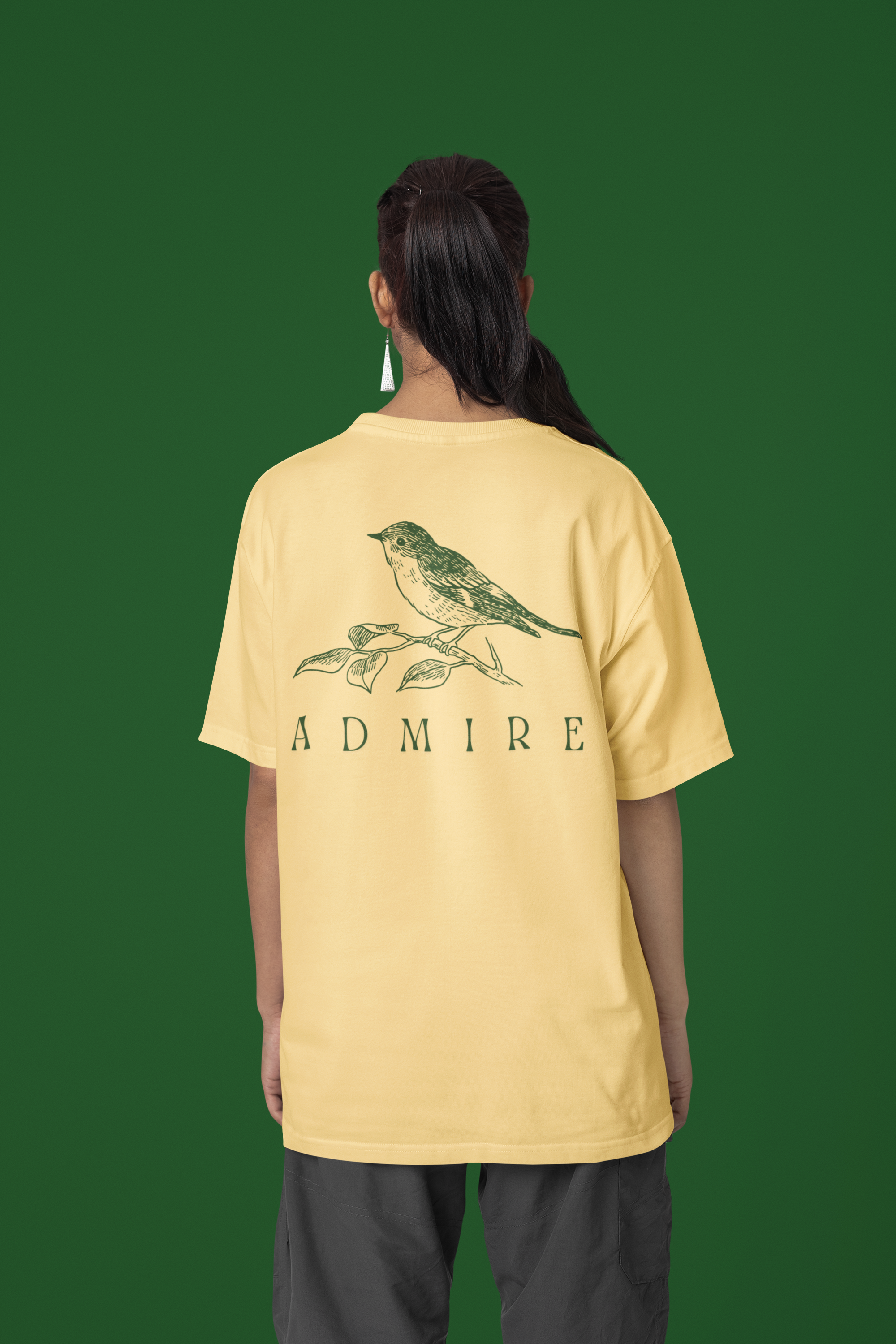 Admire Bird Print Oversized Heavyweight T-Shirt by Spira – Garment-Dyed, yellow, back view