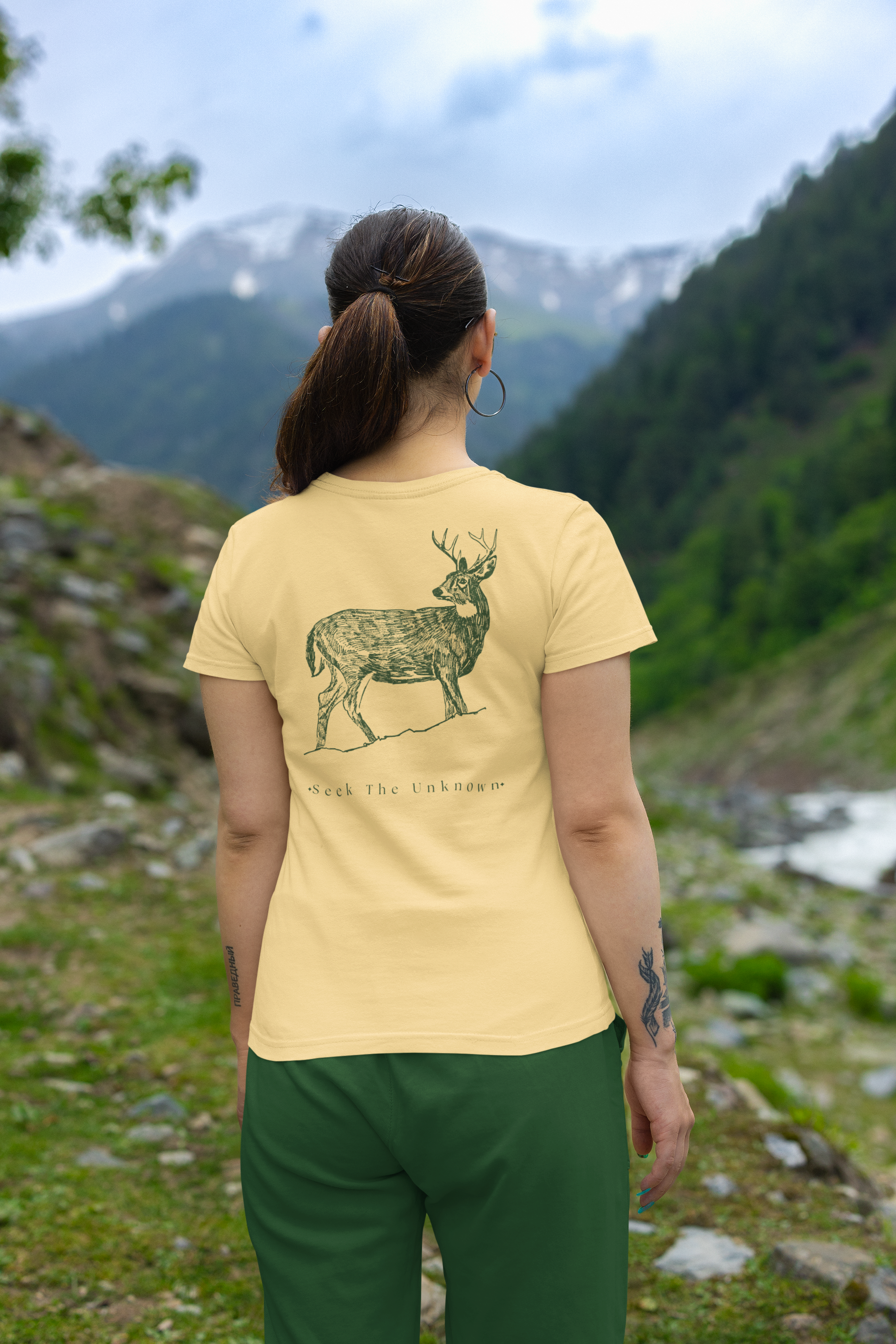 Seek The Unknown Deer Graphic Oversized T-Shirt by Spira – Garment-Dyed, yellow, back view
