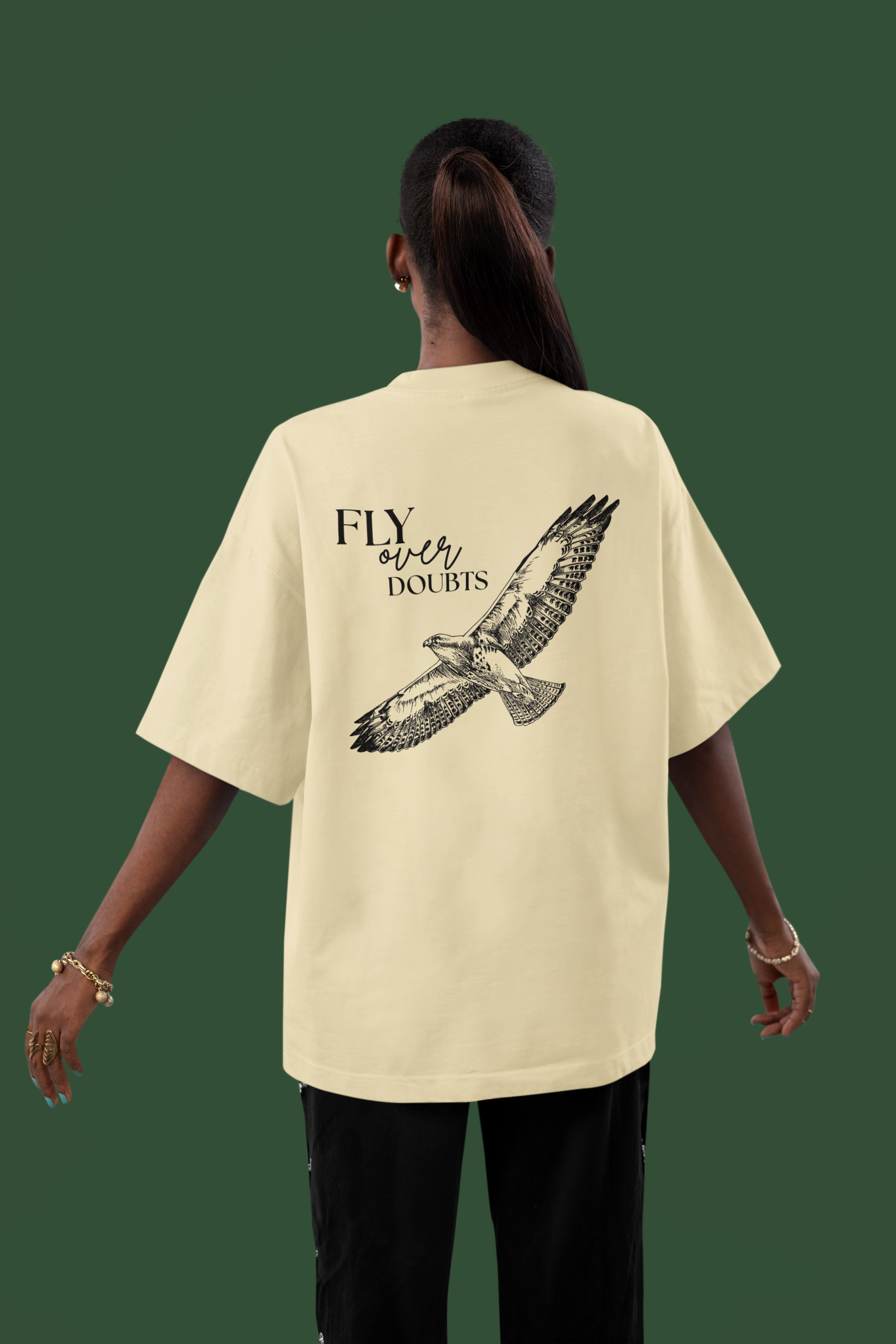 Fly Over Doubt Falcon Graphic Oversized High Neck T-Shirt by Spira – Organic Cotton, stone, back view