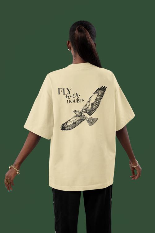 Fly Over Doubt Falcon Graphic Oversized High Neck T-Shirt by Spira – Organic Cotton, stone, back view