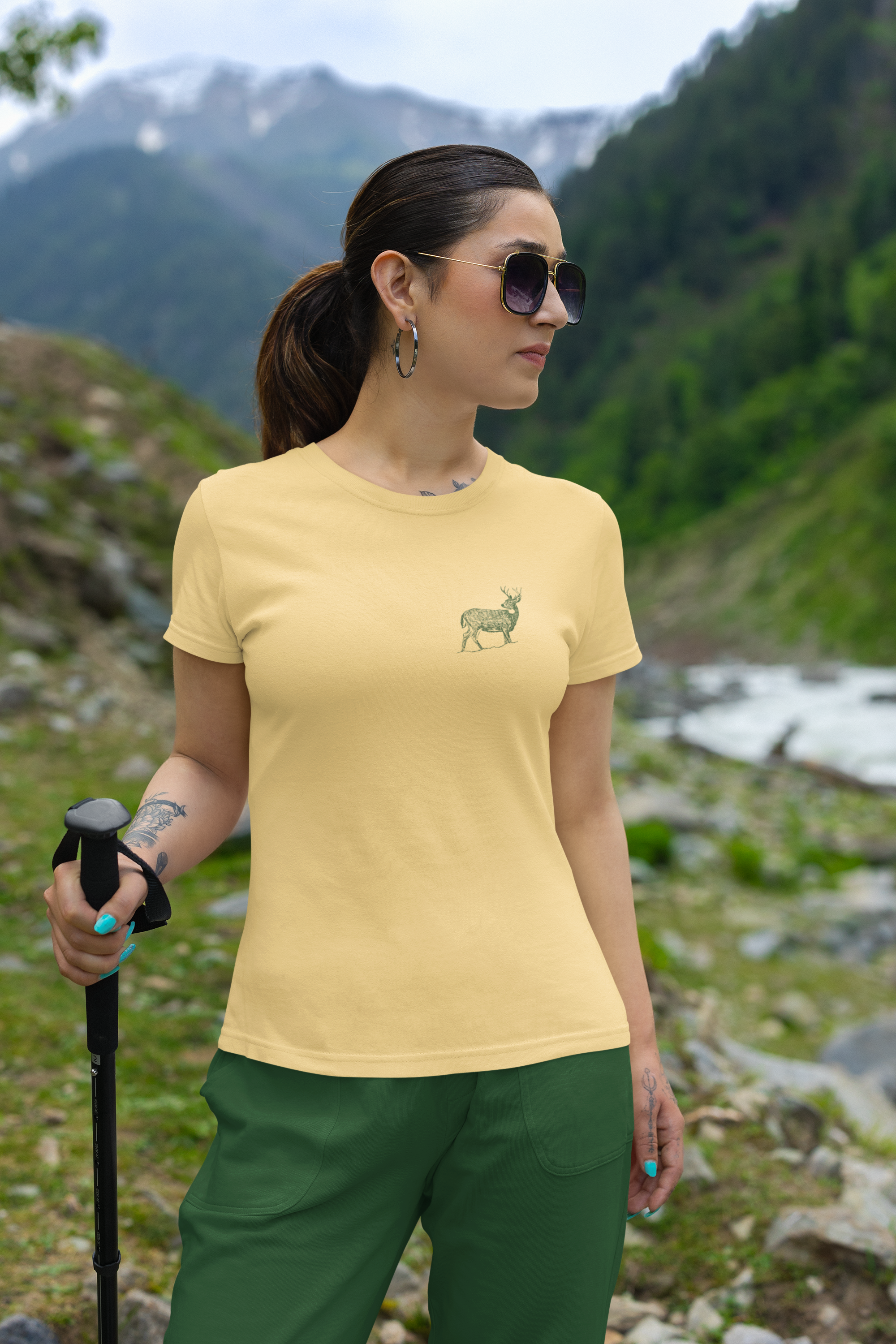Seek The Unknown Deer Graphic Oversized T-Shirt by Spira – Garment-Dyed, yellow, front view