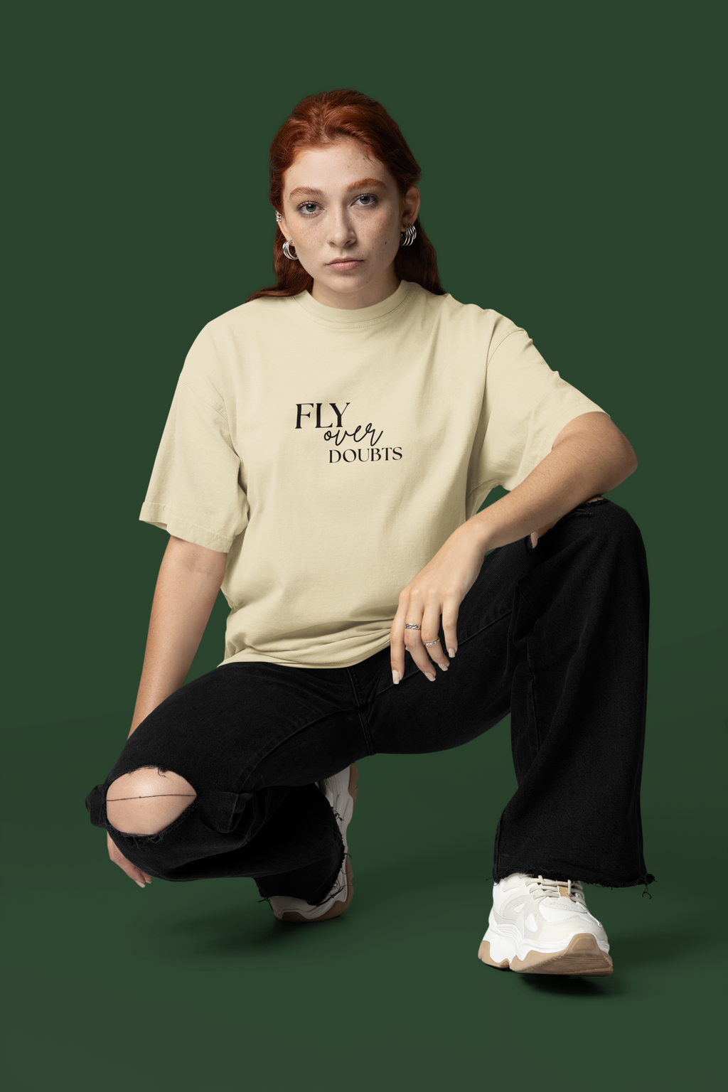Fly Over Doubt Falcon Graphic Oversized High Neck T-Shirt by Spira – Organic Cotton, stone, front view