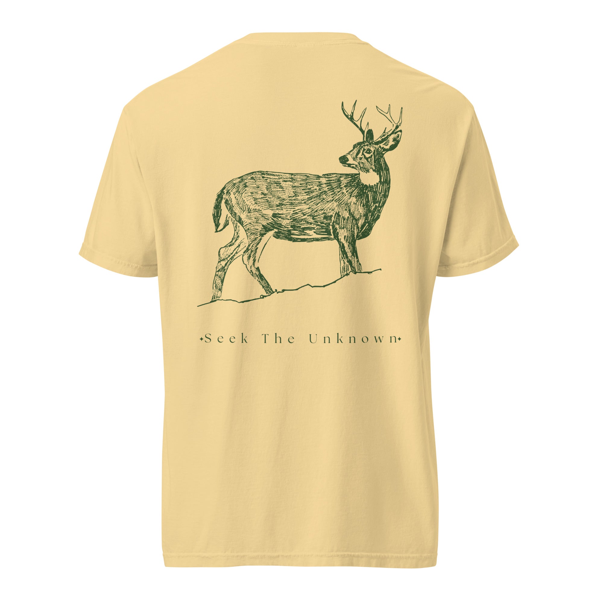Seek The Unknown Deer Graphic Oversized T-Shirt by Spira – Garment-Dyed, yellow, back view