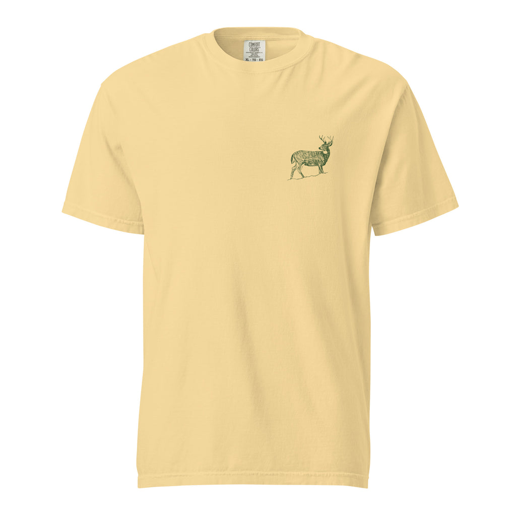 Seek The Unknown Deer Graphic Oversized T-Shirt by Spira – Garment-Dyed, yellow, front view