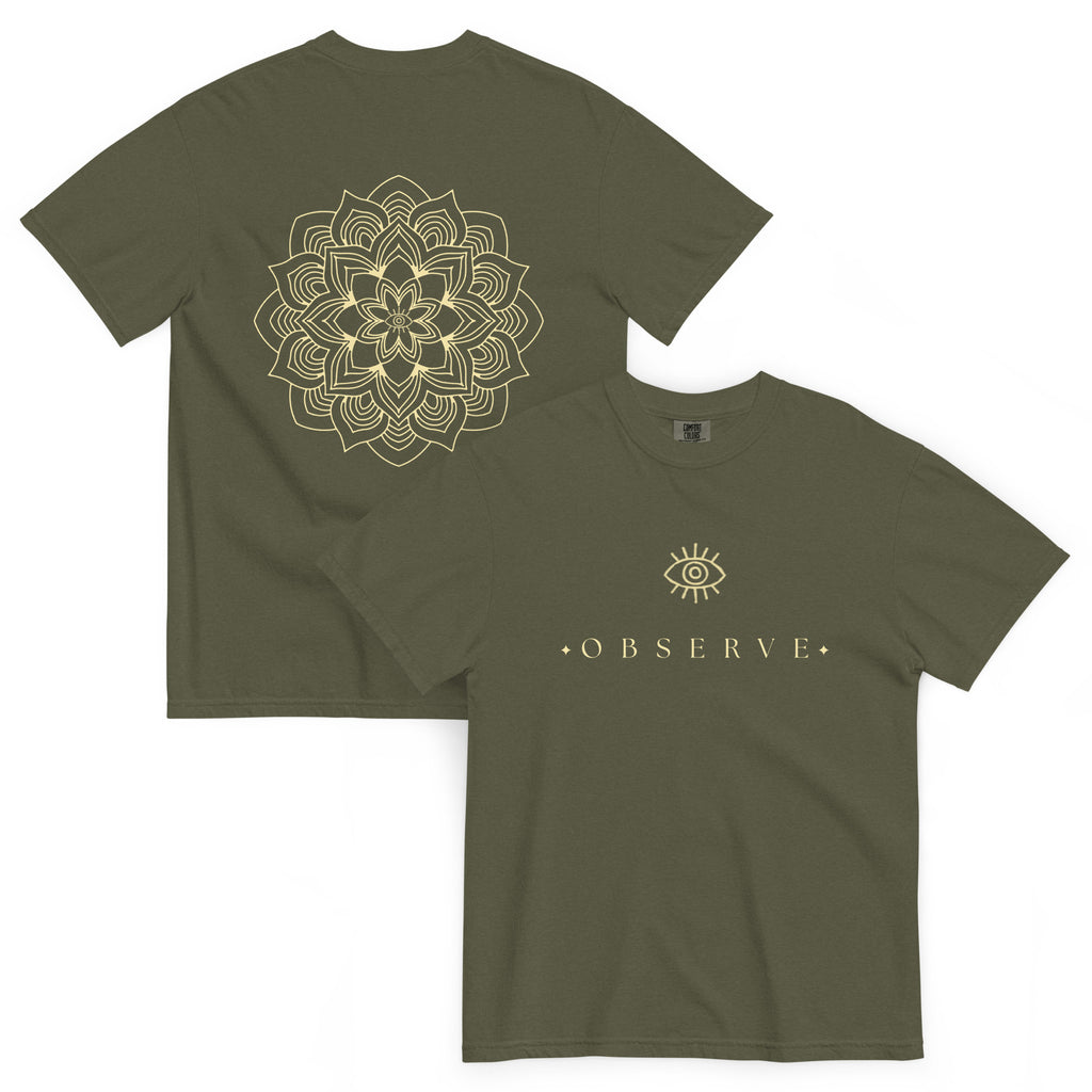 Observe Eye Graphic Mandala Print Oversized T-Shirt by Spira – Garment-Dyed, green, back and front view