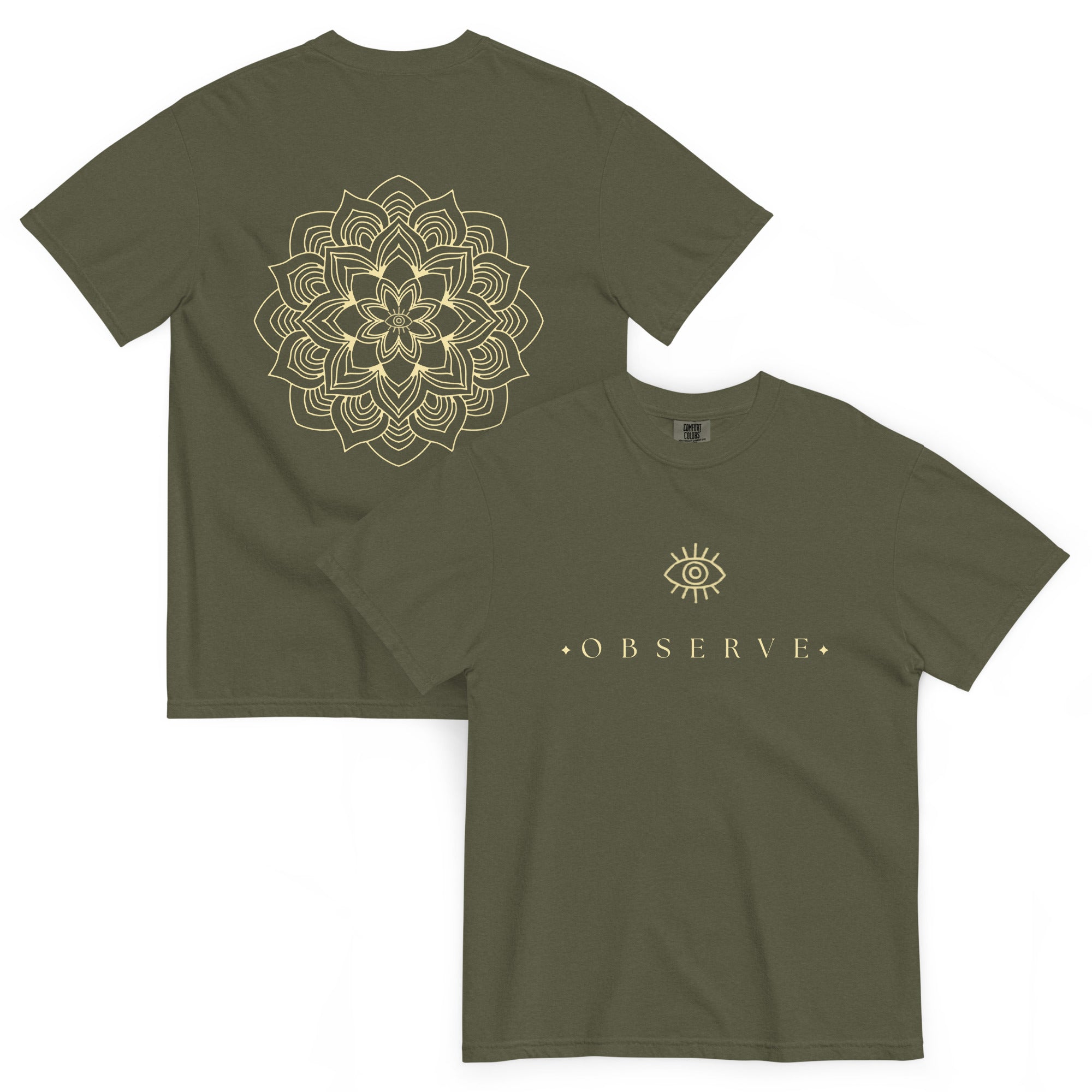 Observe Eye Graphic Mandala Print Oversized T-Shirt by Spira – Garment-Dyed, green, back and front view