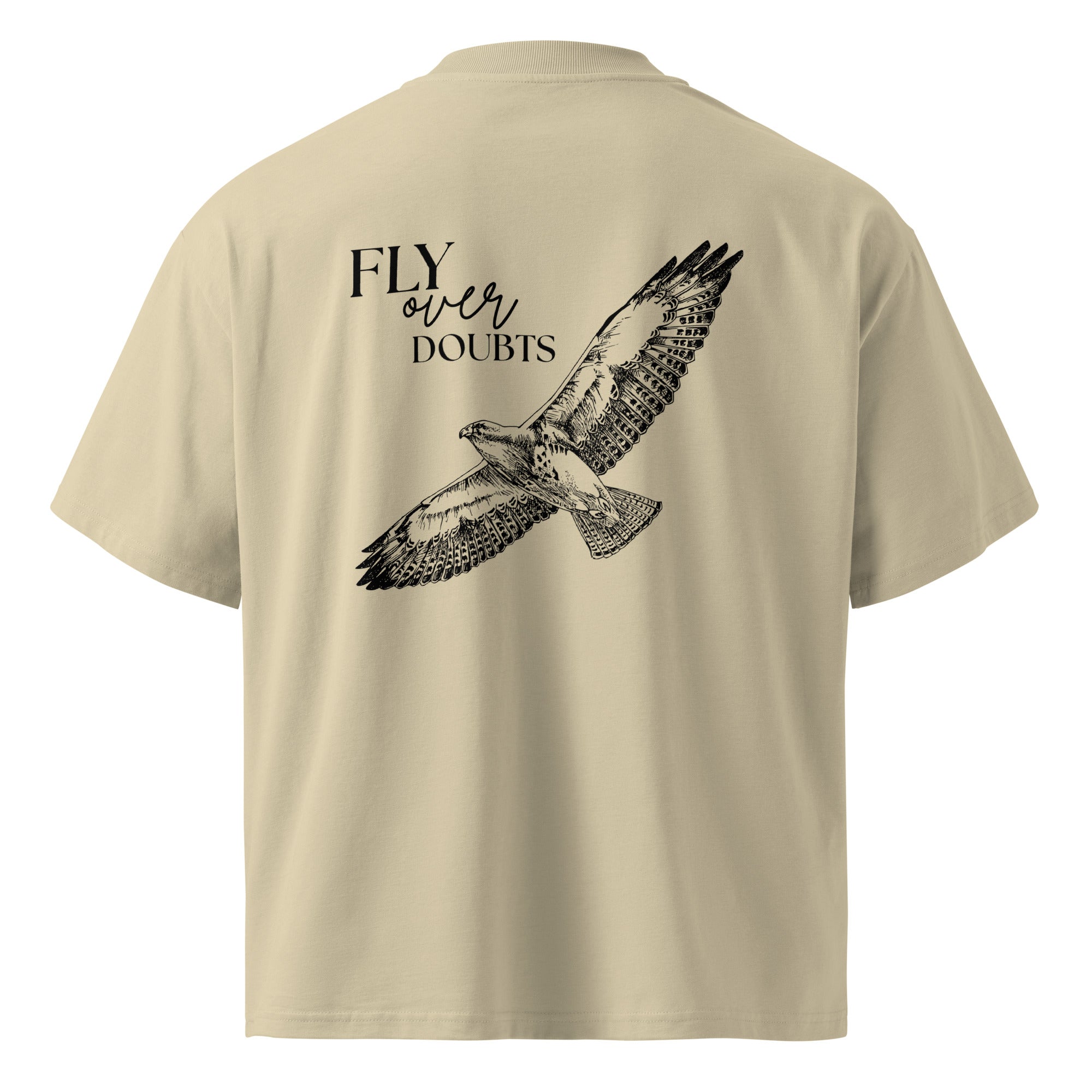 Fly Over Doubt Falcon Graphic Oversized High Neck T-Shirt by Spira – Organic Cotton, stone, back view