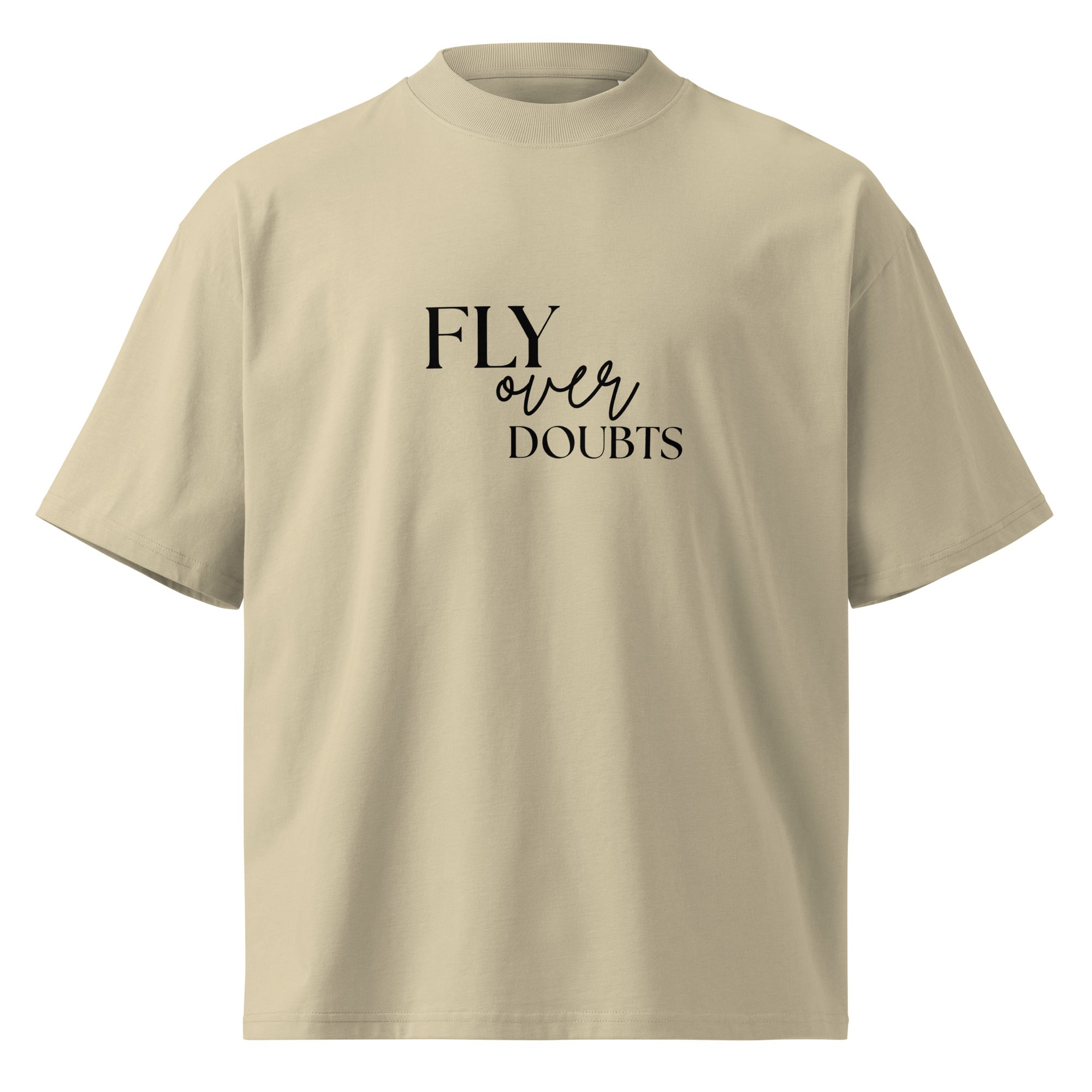 Fly Over Doubt Falcon Graphic Oversized High Neck T-Shirt by Spira – Organic Cotton, stone, front view