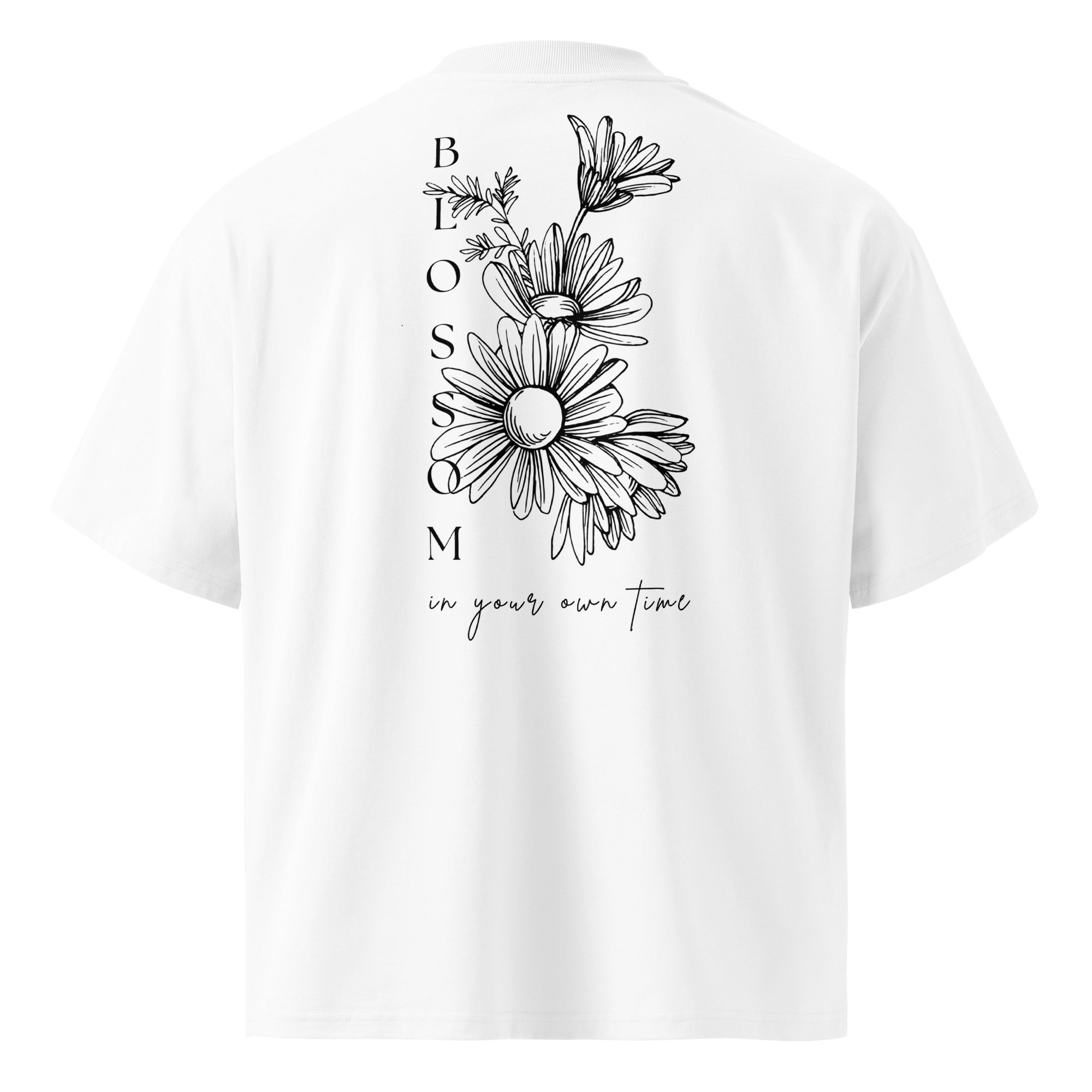 Blossom In Your Own Time Floral Graphic Oversized High Neck T-Shirt by Spira – Organic Cotton, white, back view