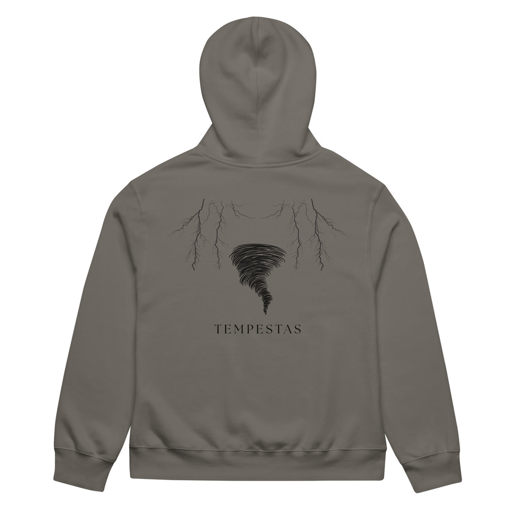 Tempesta oversized hoodie back – lightning storm and Tempesta graphic print