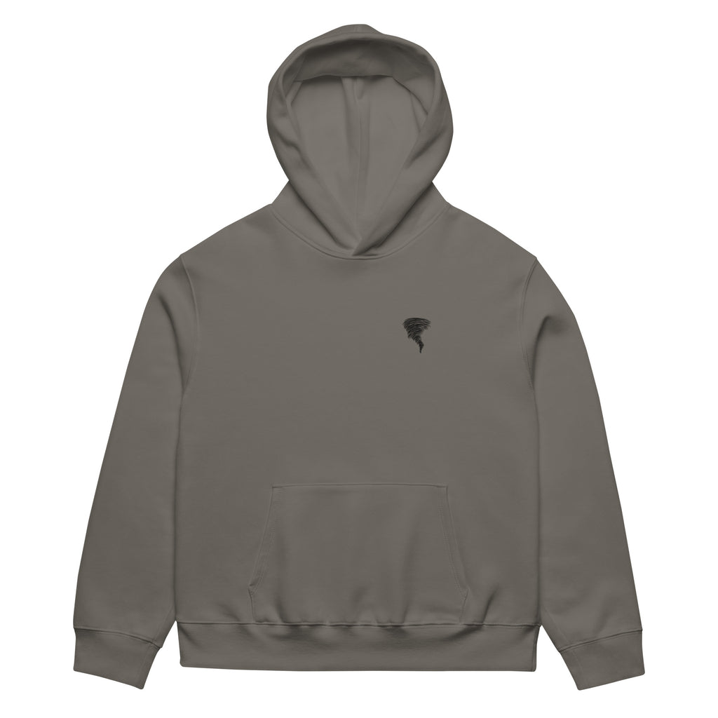 Tempesta oversized hoodie front – small tornado chest print, asphalt colour