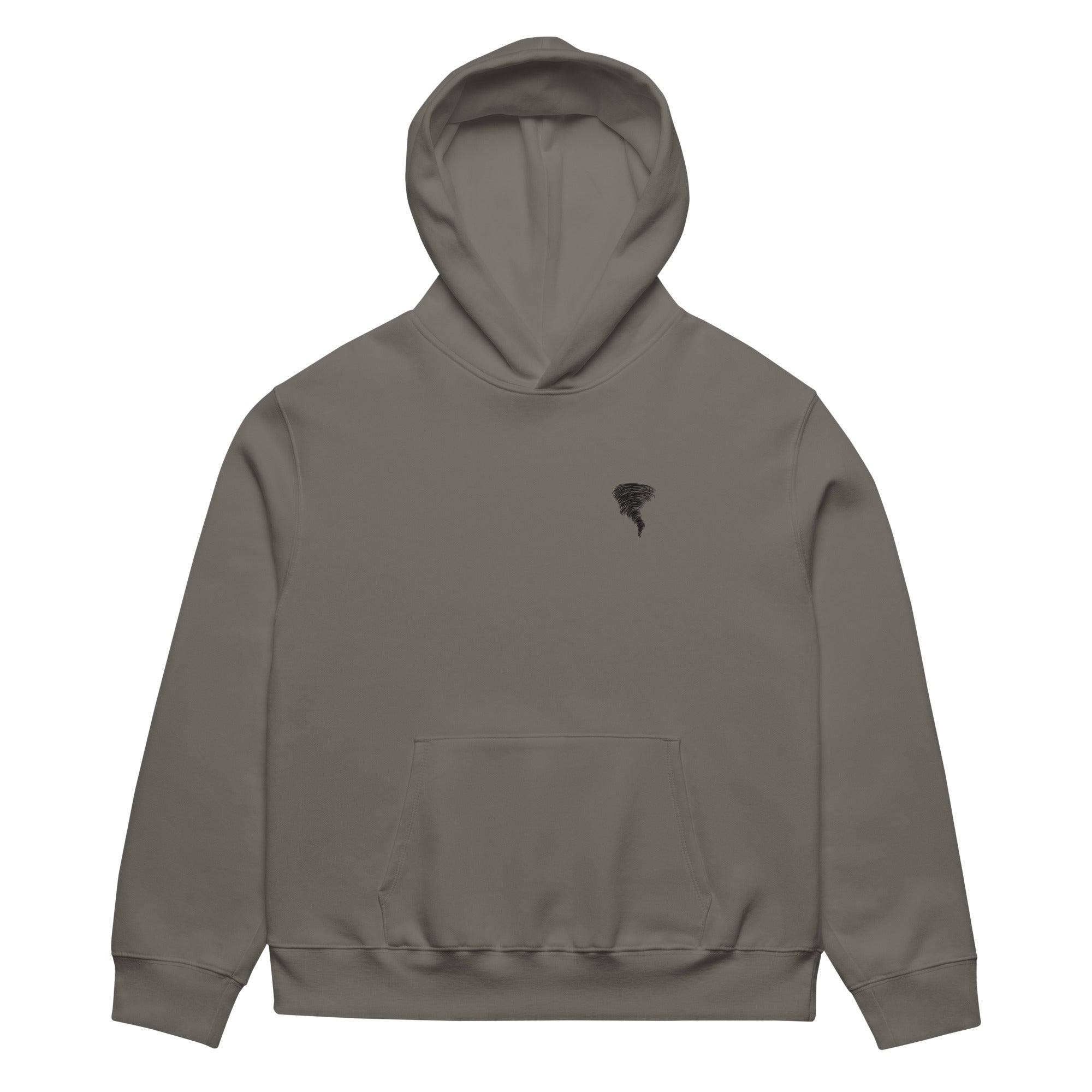Tempesta oversized hoodie front – small tornado chest print, asphalt colour