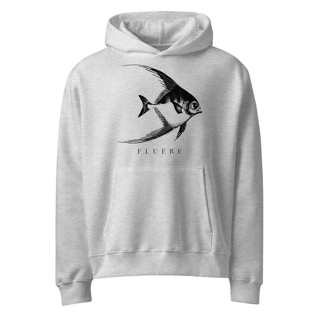 Angelfish Hoodie in grey — oversized heavyweight fleece sweatshirt with original angelfish graphic, front view