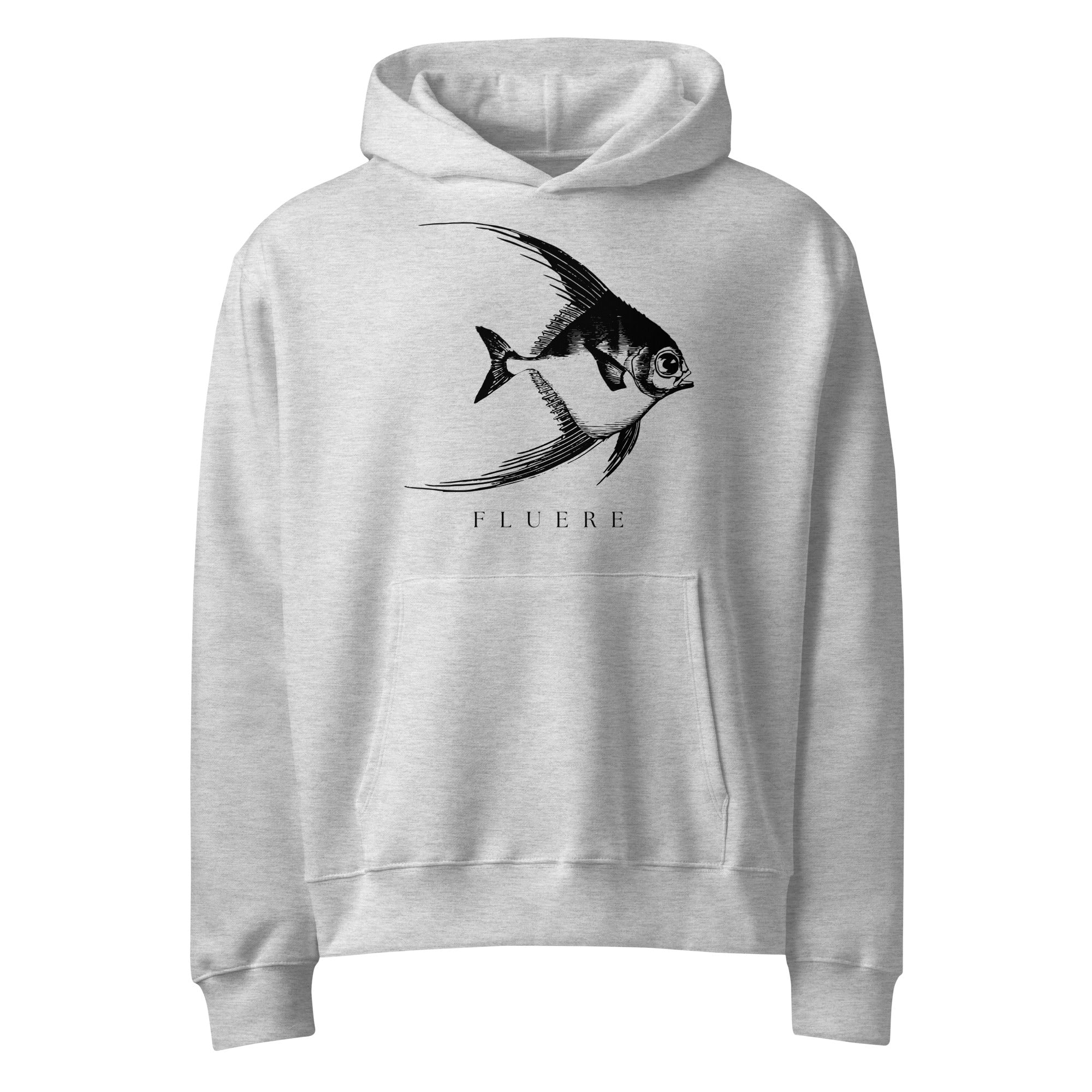 Angelfish Hoodie in grey — oversized heavyweight fleece sweatshirt with original angelfish graphic, front view