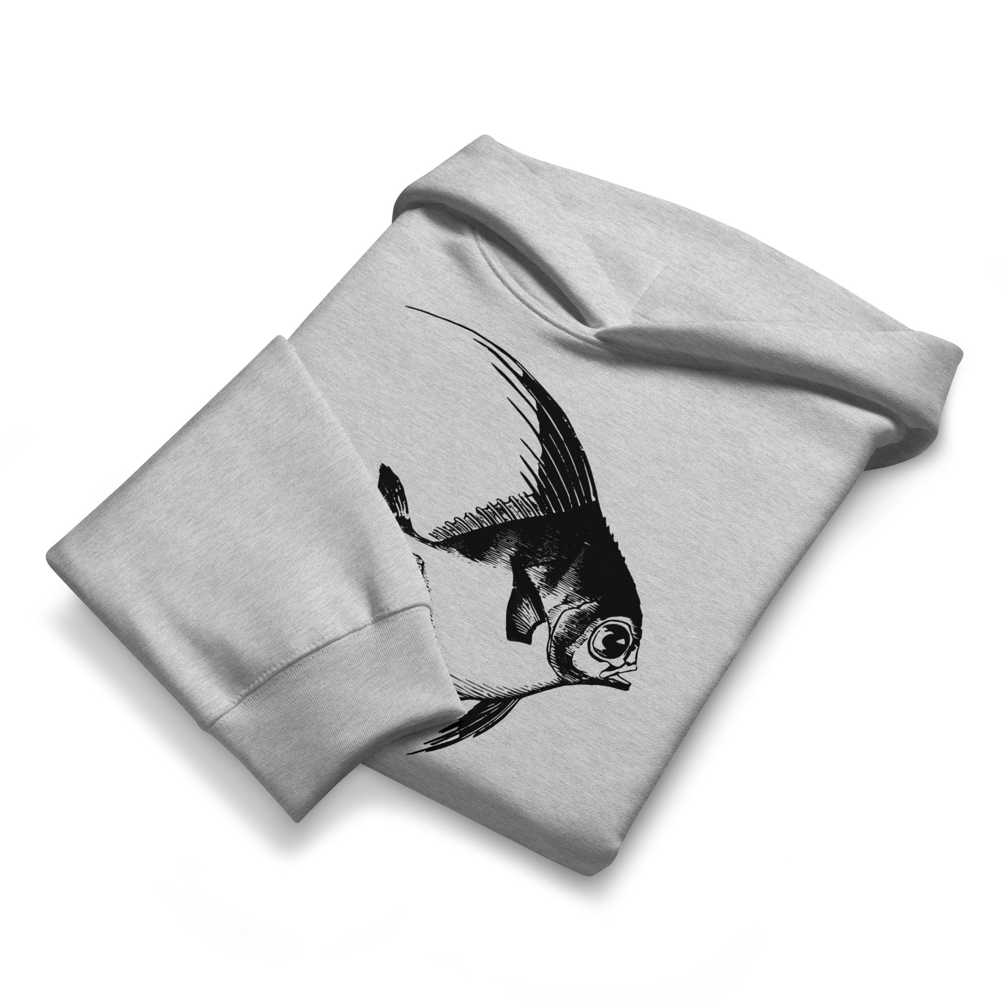 Angelfish Hoodie in grey — oversized heavyweight fleece sweatshirt with original angelfish graphic, folded view
