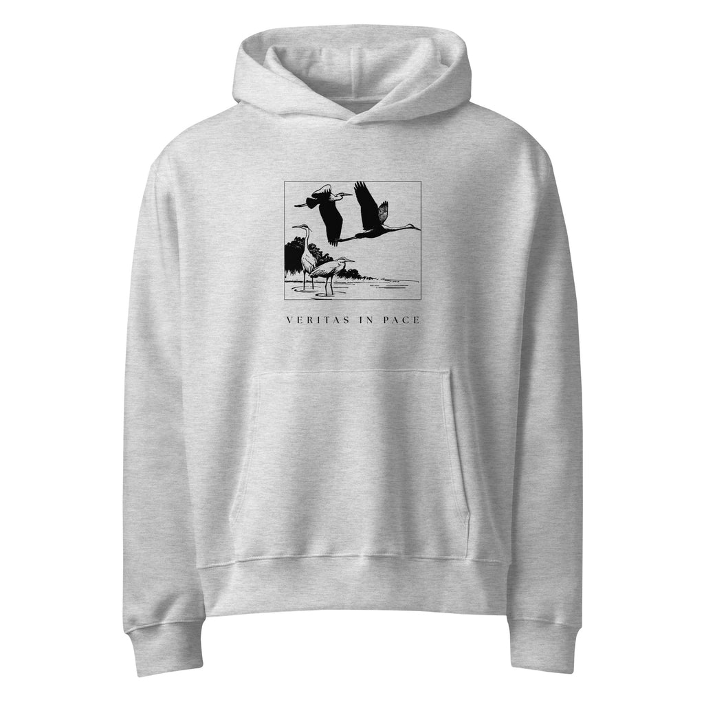 Oversized heavyweight hoodie athletic heather – heron design, front