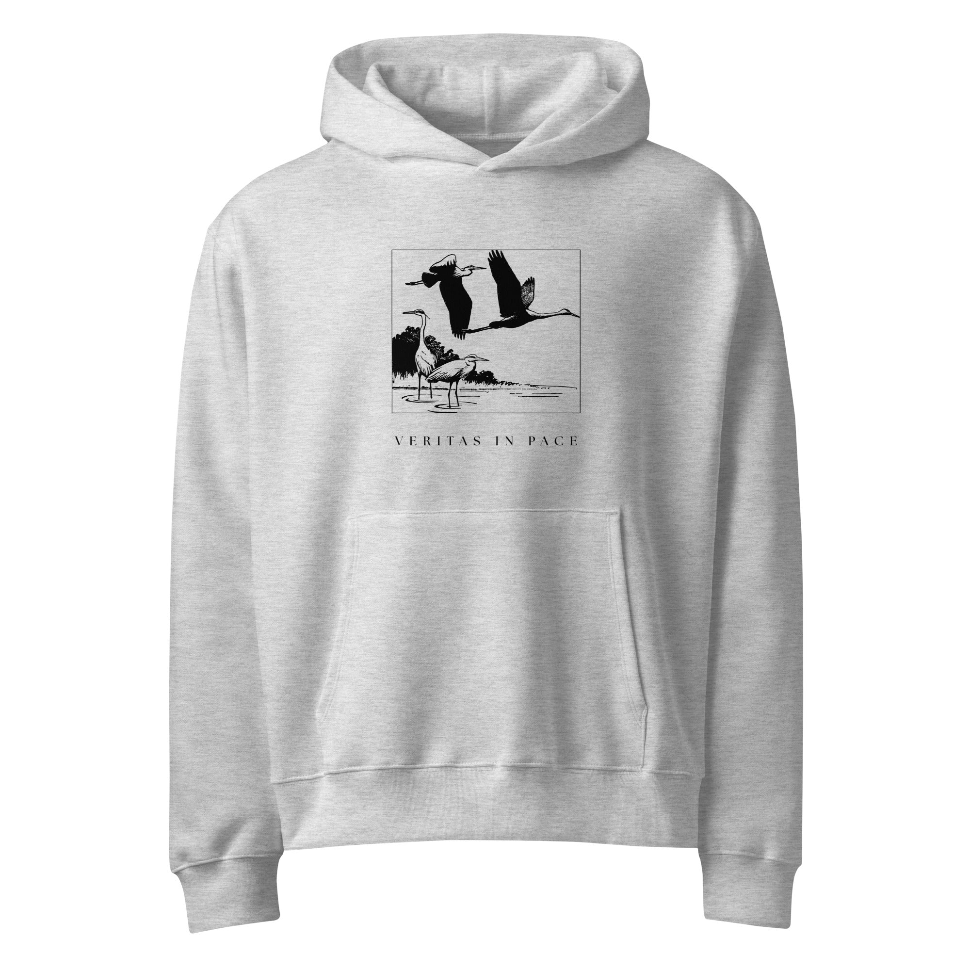 Oversized heavyweight hoodie athletic heather – heron design, front